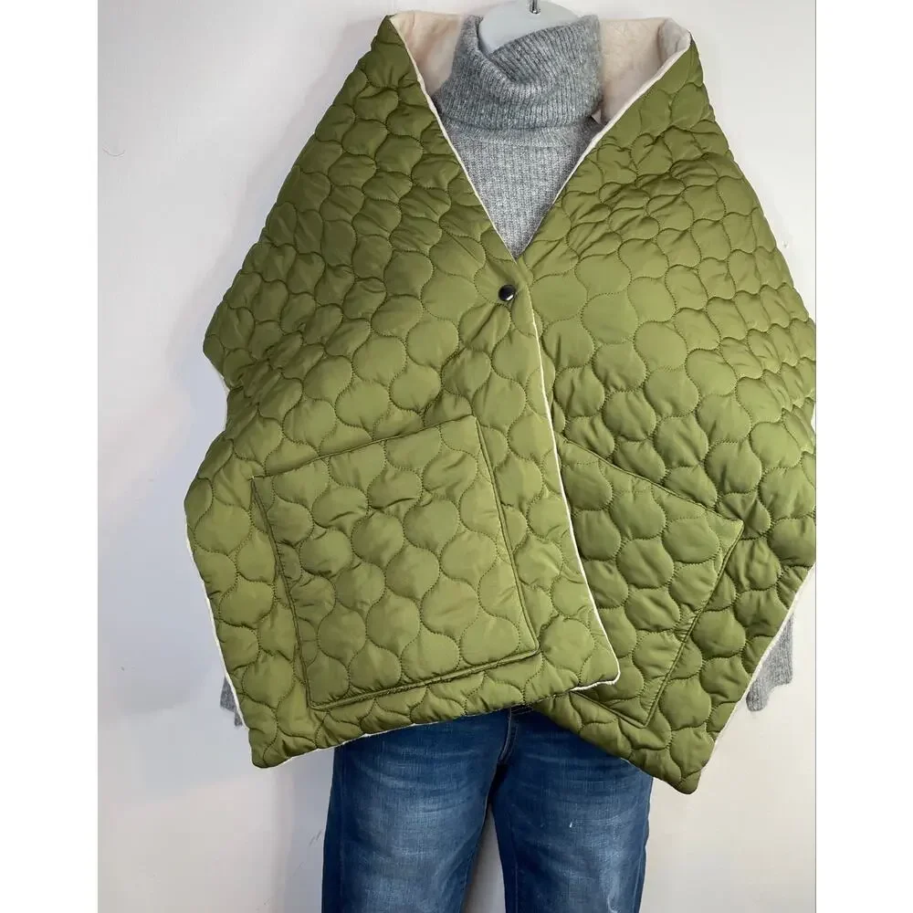 World Market Olive Green Puffer Scarf Shawl Wrap Faux Fur Lining  New One Size